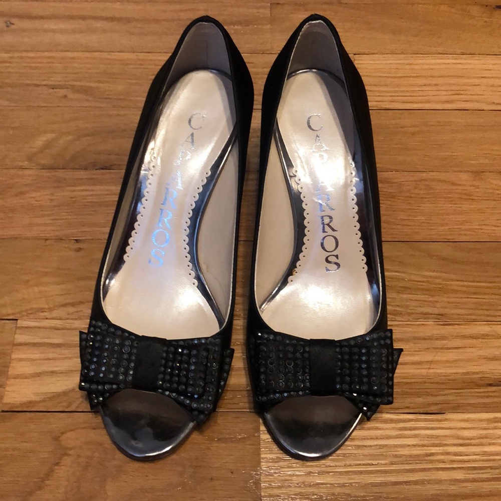 Black peep toe one inch heel with bow